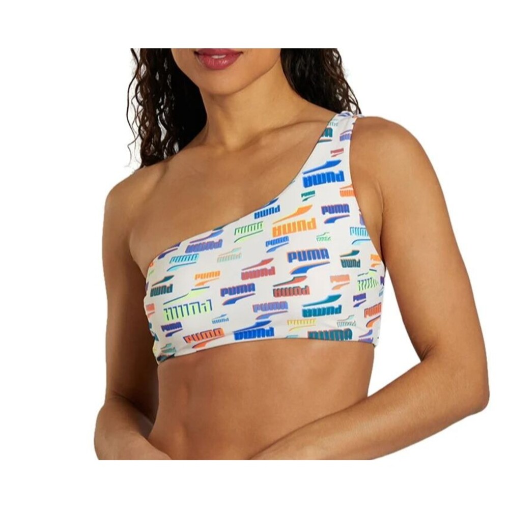 PUMA Womens Medium Bikini Swim Top One Strap All Over Logo Colorful Print NEW